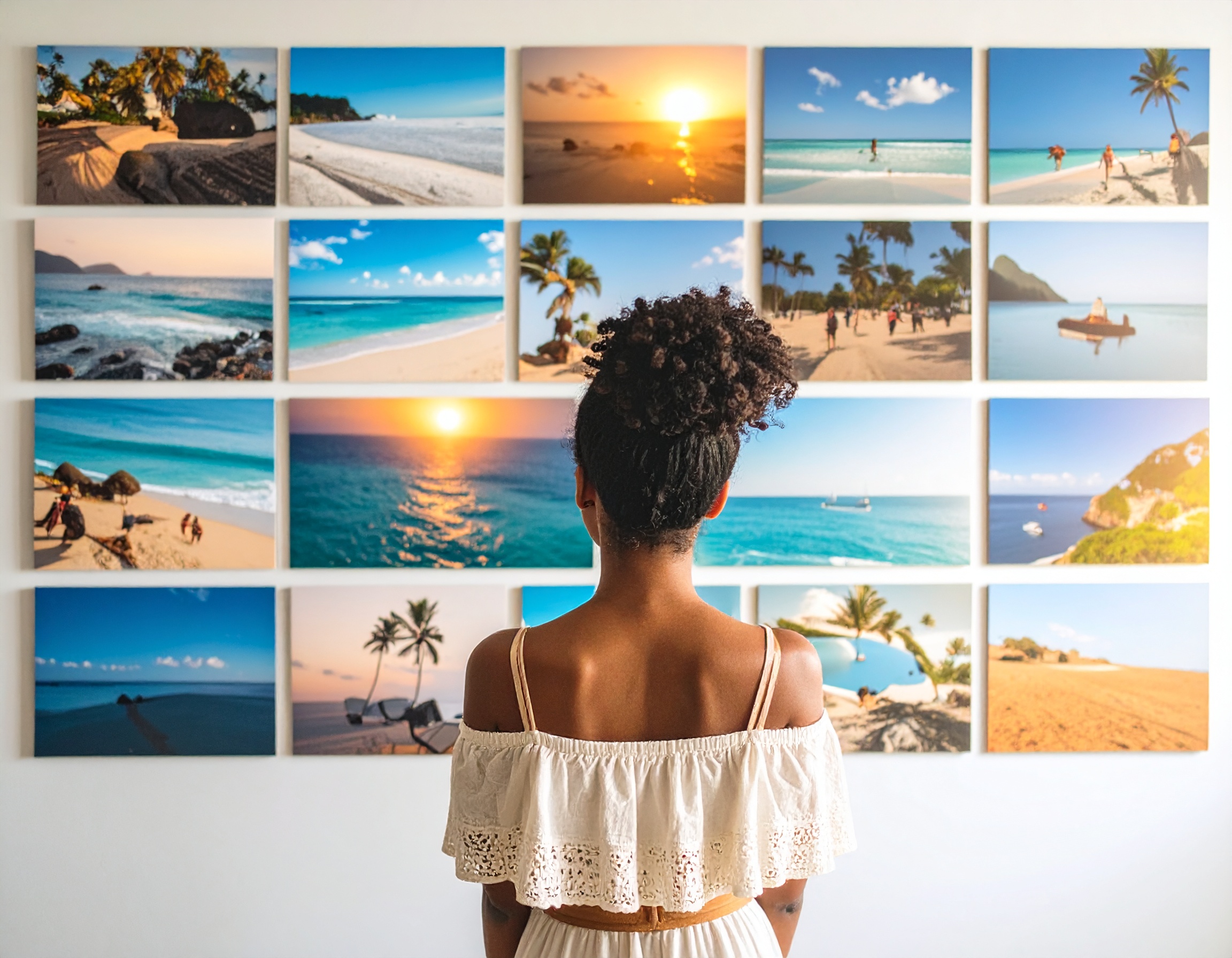 Eine Person betrachtet eine Wand mit verschiedenen Bildern von Stränden und Meer.